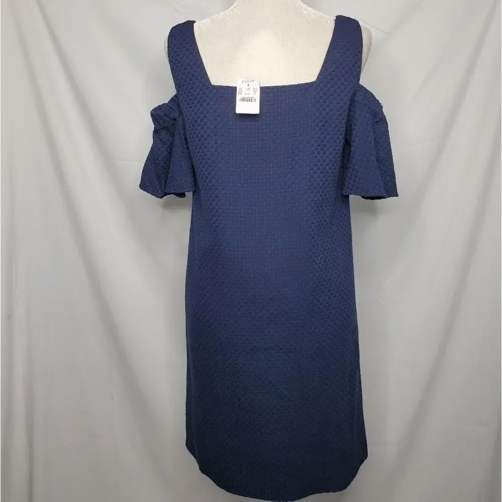 NEW‎ J CREW dress navy blue cold shoulder basket weave shift M